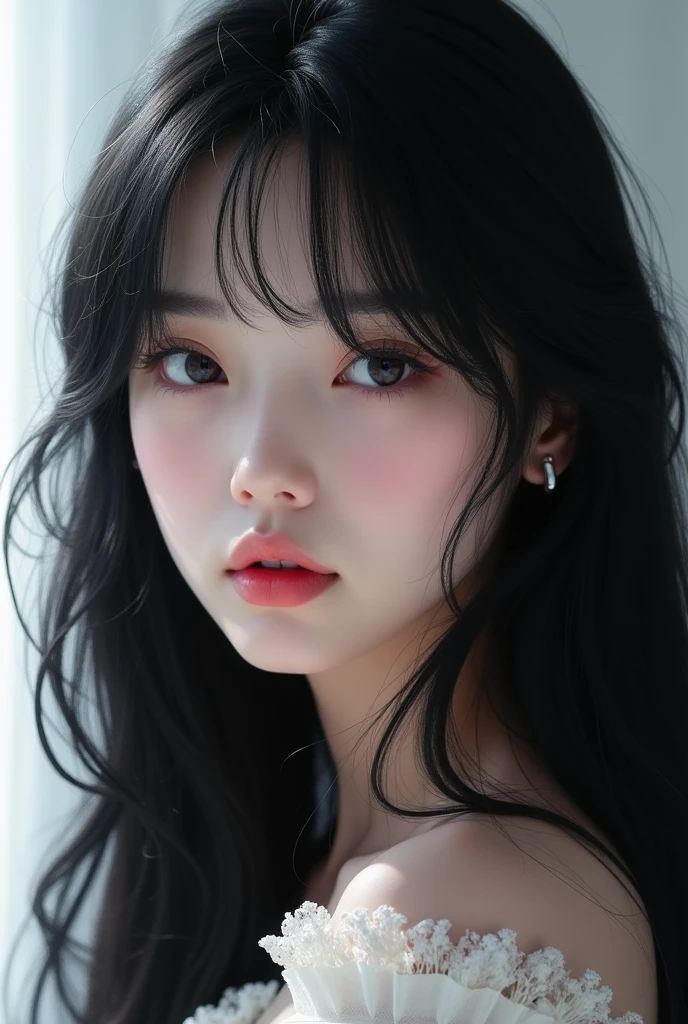 A WHITE, , with long black hair, with bangs down to her chin and a beauty mark above her mouth and a teenage face