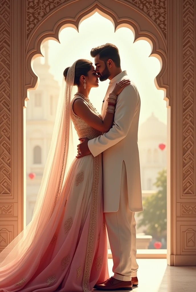 A couple embraces in a romantic pose, dressed in traditional attire. The woman wears a white and pink bridal outfit with intricate designs, complemented by a flowing dupatta. The man is in a classic white sherwani, exuding elegance. Their surroundings feature an ornate archway with detailed patterns, suggesting a cultural or festive setting. The overall atmosphere conveys love and celebration. Man kissing on women forehead. Both faces without feature drawing