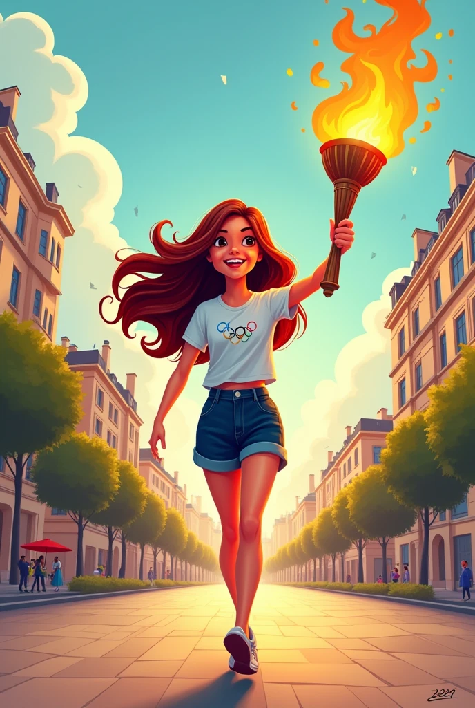 Jeune femme avec cheveux long ondulé porté la flamme olympique Paris 2024 version cartoons 