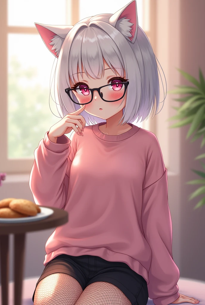 that she has a shy face that she has white hair, cat ears, black glasses, pink eyes, a super blushed pink sweatshirt, a low skirt, black shorts, black mesh stockings that she is a super reserved girl sitting eating cookies