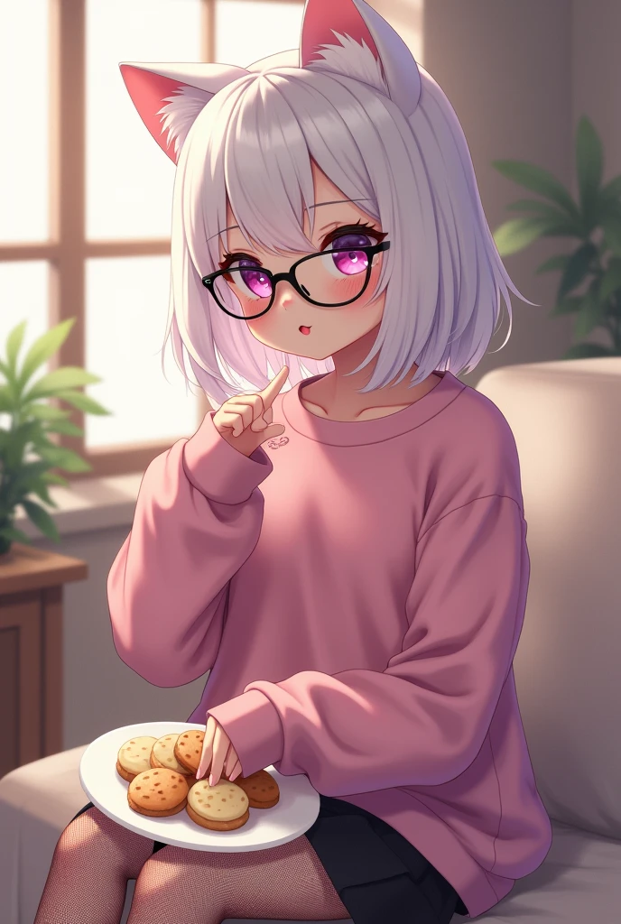 that she has a shy face that she has white hair, cat ears, black glasses, pink eyes, a super blushed pink sweatshirt, a low skirt, black shorts, black mesh stockings that she is a super reserved girl sitting eating cookies
