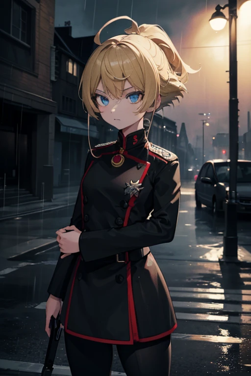 A girl with short blonde hair named Albina standing in the rain in a city at night. She is dressed in a black military uniform as a soldier. Albina has a pistol in her hand, ready for crossfire. The scene is high quality, with 4k resolution, allowing for ultra-detailed rendering. The atmosphere is realistic and photorealistic, with vivid colors and sharp focus. The art style is a combination of portraiture and conceptual art, highlighting the intensity of the moment. The color tone of the image is influenced by the nighttime setting, with a contrast of dark and moody lighting.