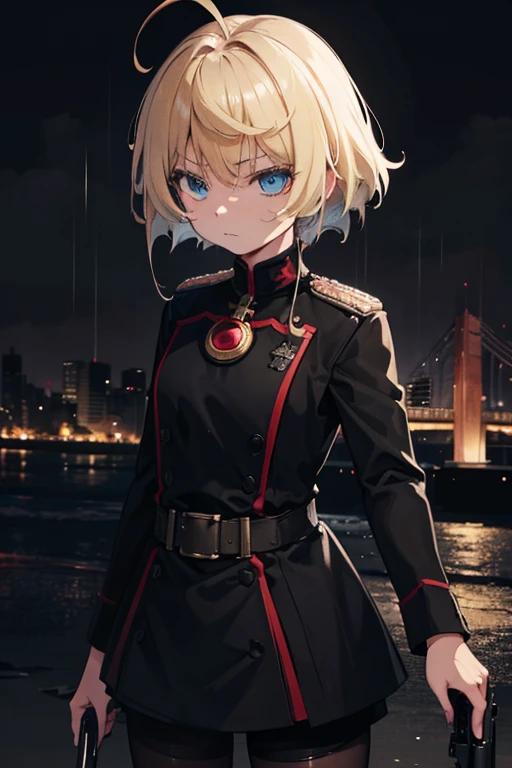 A girl with short blonde hair named Albina standing in the rain in a city at night. She is dressed in a black military uniform as a soldier. Albina has a pistol in her hand, ready for crossfire. The scene is high quality, with 4k resolution, allowing for ultra-detailed rendering. The atmosphere is realistic and photorealistic, with vivid colors and sharp focus. The art style is a combination of portraiture and conceptual art, highlighting the intensity of the moment. The color tone of the image is influenced by the nighttime setting, with a contrast of dark and moody lighting.