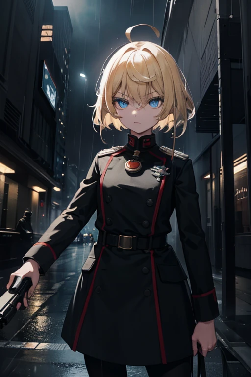 A girl with short blonde hair named Albina standing in the rain in a city at night. She is dressed in a black military uniform as a soldier. Albina has a pistol in her hand, ready for crossfire. The scene is high quality, with 4k resolution, allowing for ultra-detailed rendering. The atmosphere is realistic and photorealistic, with vivid colors and sharp focus. The art style is a combination of portraiture and conceptual art, highlighting the intensity of the moment. The color tone of the image is influenced by the nighttime setting, with a contrast of dark and moody lighting.