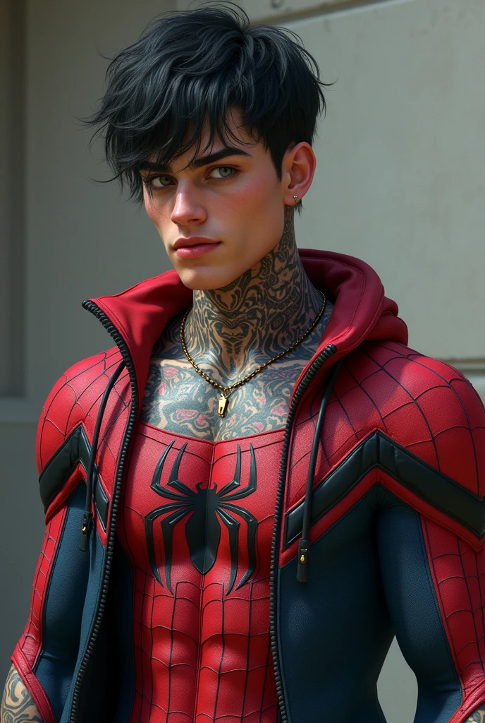 Twenty-year-old man, very muscular, with blue eyes, black hair, tattoos on the neck pearcing on the lips, wearing the Spiderman costume with the open zip to show