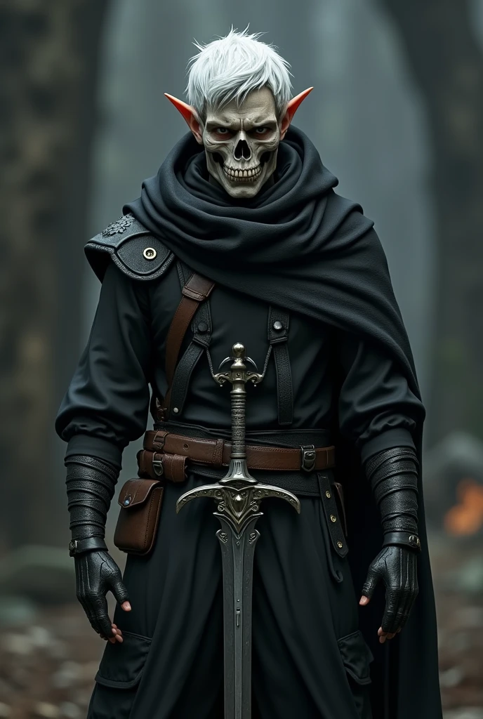 Young male elf, carries a sword in his hand, your body is athletic and your hair is white, His clothes are black, 3D art style, skull mask