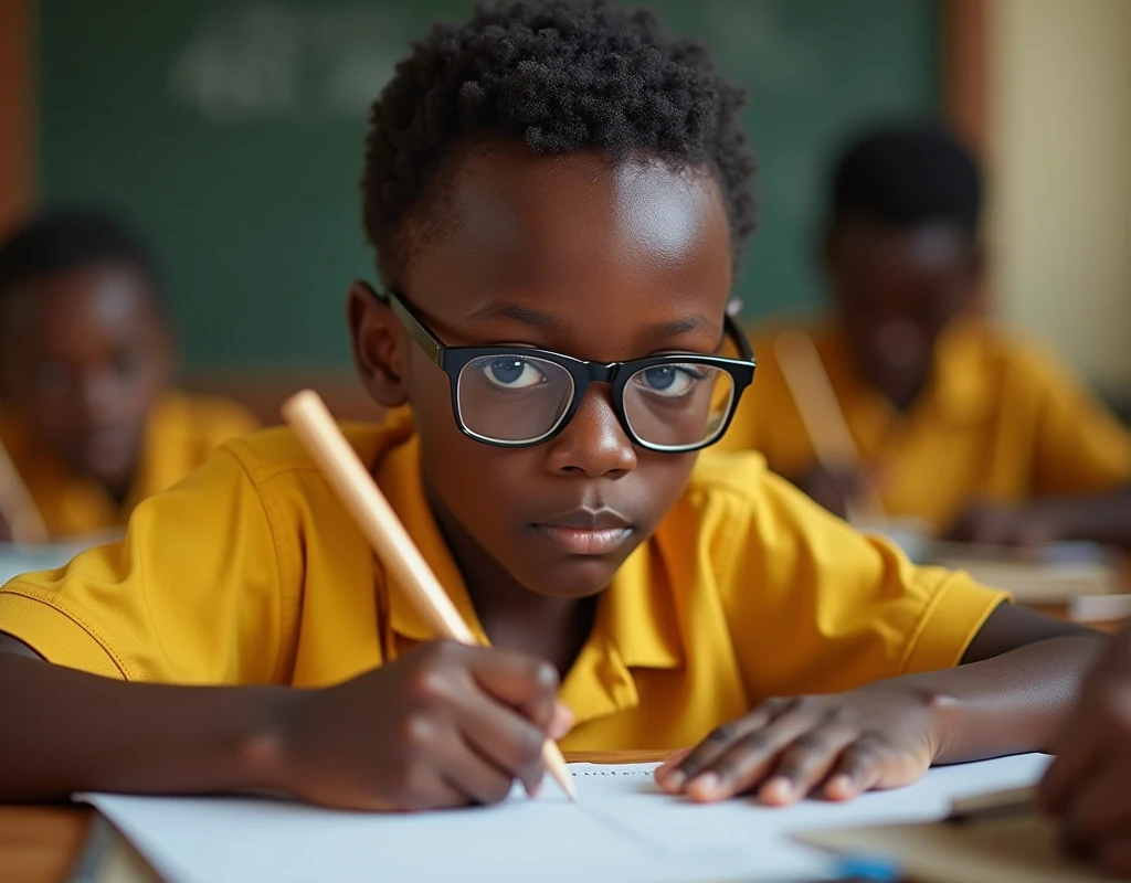 Developing cultural and intellectual skills, education according to the curricula prescribed for students , receiving information in the classroom, a close-up picture of a african student with glases wearing a yellow uniform sitting on a school desk, performing school assignments