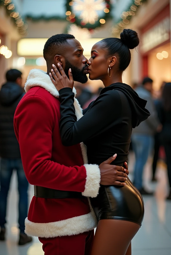 Black woman wearing leather short shorts and black hoodie hair in a bun setting on womans lap in the mall. The look on her face is eyes wide open and excited side view backside view on top of santa kissing him