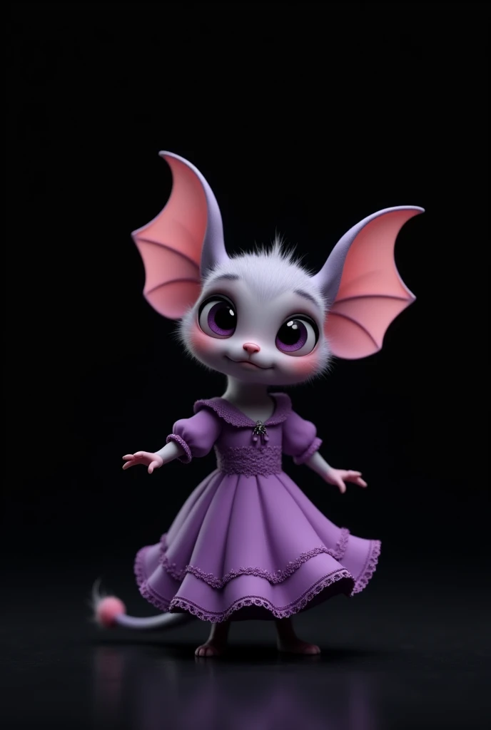 a cute little bat with purple dress and minimalist cartoon 2D style with black background with gothic accessories on clothes and head 