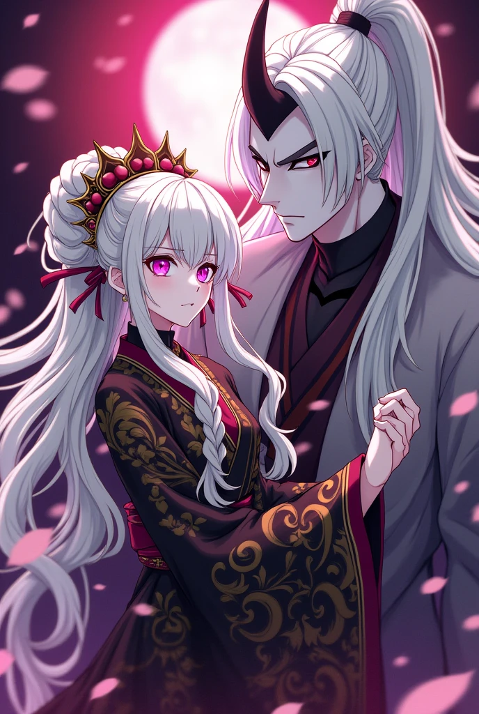 Albine women, pink-eyed, heart shaped pupils, long wavy hair, White color, wears a black kimono with gold, He has a scar on his right eye. The anime Kimetsu no Yaiba, anime, She is very extravagant wearing beautiful detailing on her updo hair.
She is together with Kokushibo, an upper moon, A man, six-eyed, long hair gathered in a high ponytail, Tez blanca, tall and imposing, He is a very strong demon.