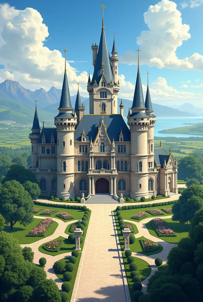 a big castel with 3 towers beautiful gardens and a park, many rooms , big salon froma panoramic vew