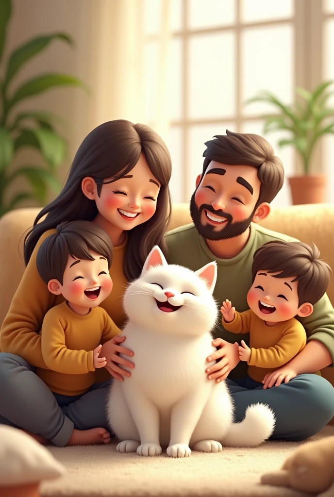 A white cat with a happy family