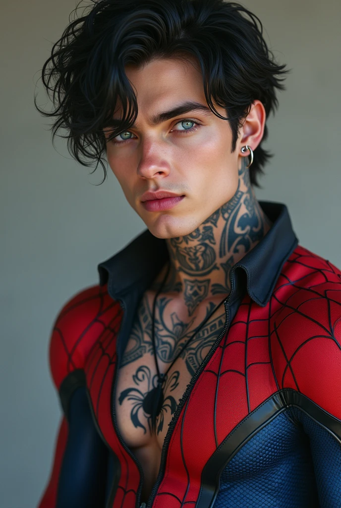 Twenty-year-old man, very muscular, with blue eyes, black hair, tattoos on the neck pearcing on the lips, wearing the Spiderman costume with the open zip to show