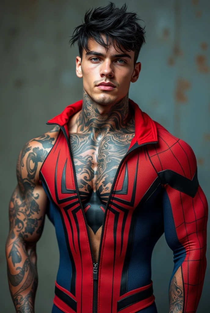 Twenty-year-old man, very muscular, with blue eyes, black hair, tattoos on the neck pearcing on the lips, wearing the Spiderman costume with the open zip to show