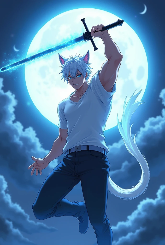 I want a male anime character with a strong body with white hair blue eyes cat ears smiling in the air in front of the full moon holding a sword above his head white shirt and a blue aura around him