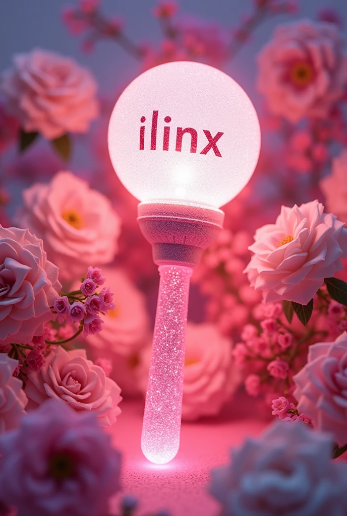A pink glitter kpop lightstick with a handle to hold it and similar to Twice and Kiof and with the word Ilinx inside and with flowers and a round shape on top and a very detailed handle to hold it