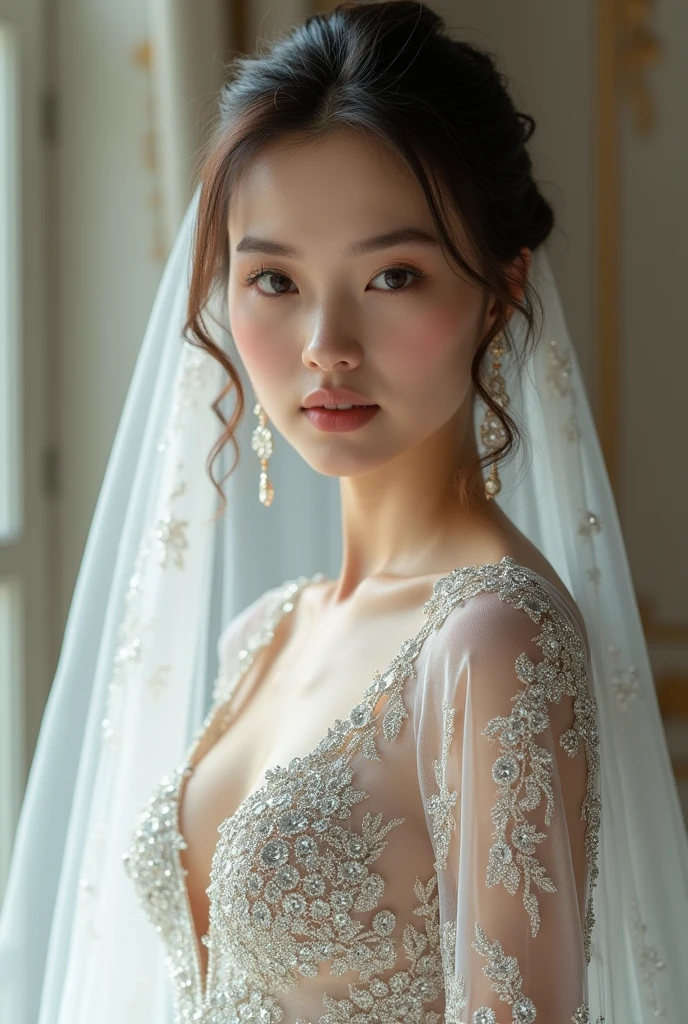 European woman model with hairstyle and veil wearing extremely luxurious diamond embroidered long sleeve wedding dress.  