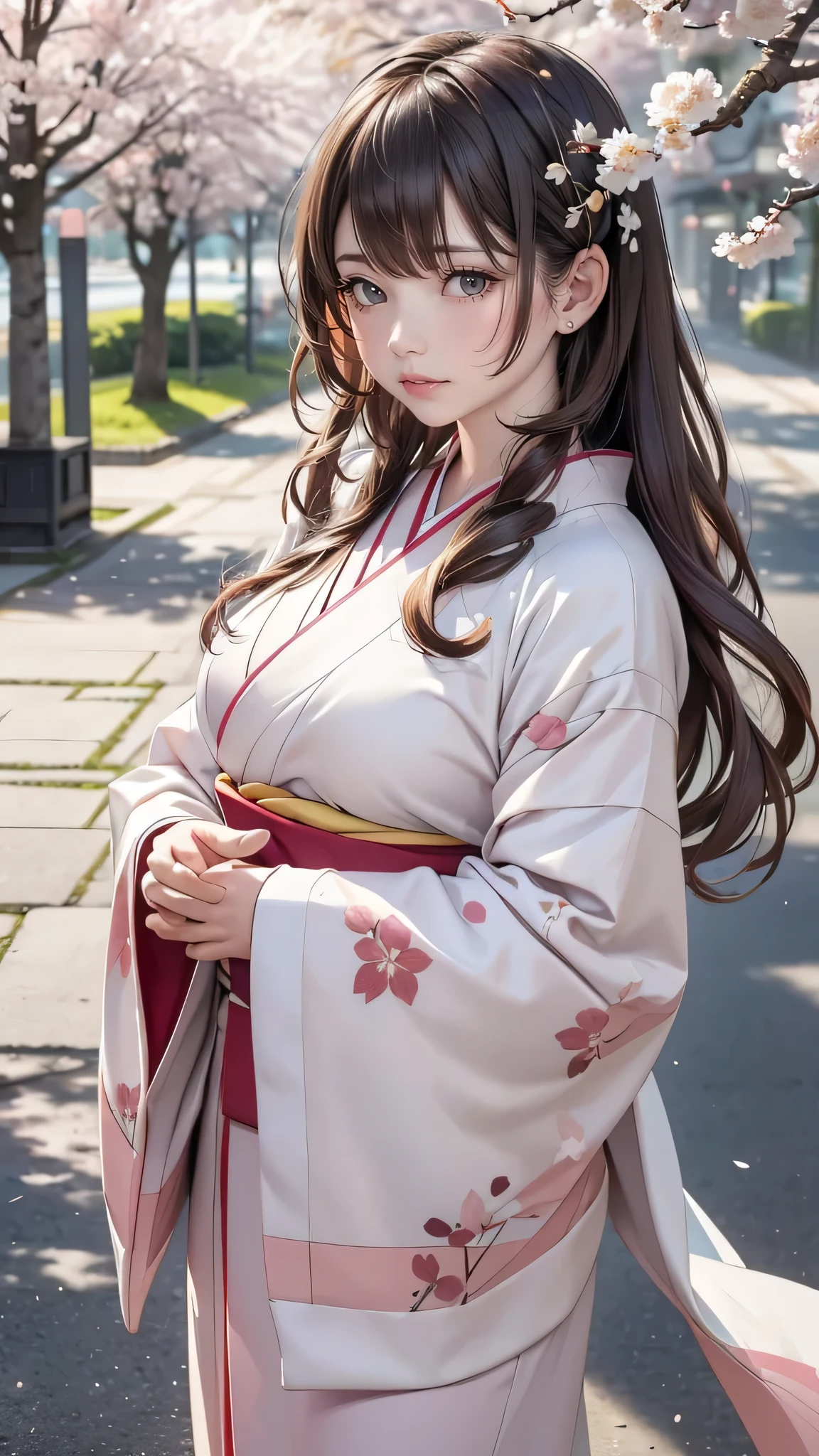 (kimono)、Japanese clothing、(highest quality,masterpiece:1.3,超A high resolution,),(Super detailed,caustics),(Photoreal:1.4,RAW shooting,)ultra-realistic capture,very detailed,High resolution 16K suitable for human skin、cute顔、16talent、baby face、 natural skin texture、anime style、Skin tone looks even and healthy、 Use natural light and color,one woman,Japanese,,cute,beautiful silky brown hair,middle hair,(Depth of written boundary、chromatic aberration、wide lighting range、natural shading、)、(hair swaying in the wind:1.3)、(Cherry tree in full bloom:1.3)、Yoshino cherry tree、The beautiful city of Kyoto