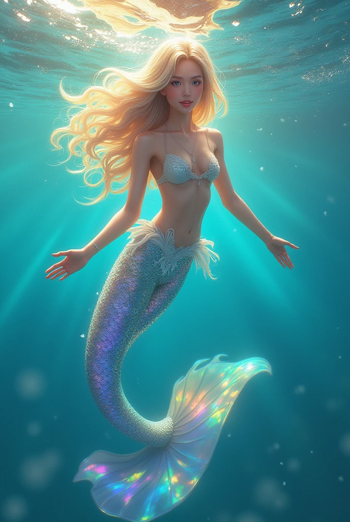 Byun baekhyun as a mermaid woman, with the colored tail, blond hair, at sea