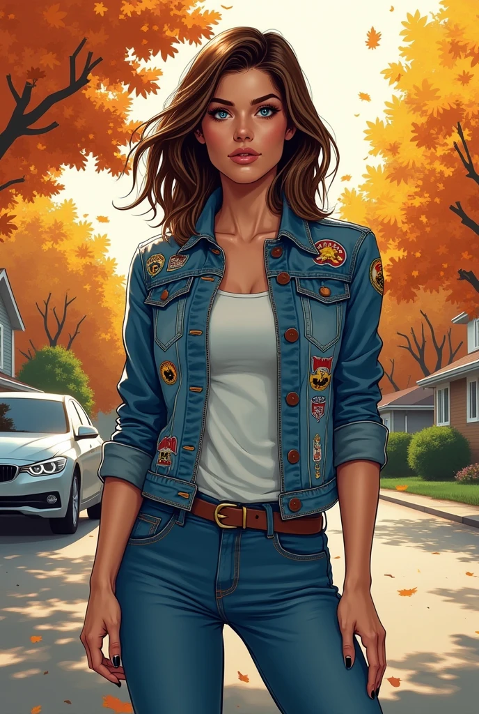 A comic book panel of an attractive woman in her early thirties wearing jeans and a denim jacket with patches. She has shoulder-length brown hair and blue eyes, standing on the sidewalk of a suburban street. There is autumn foliage in the background, in the style of Frank Cho.