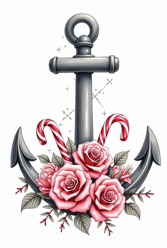The combination of roses, anchor, candy or candy cane The output should be a sketch image, black border looks cute