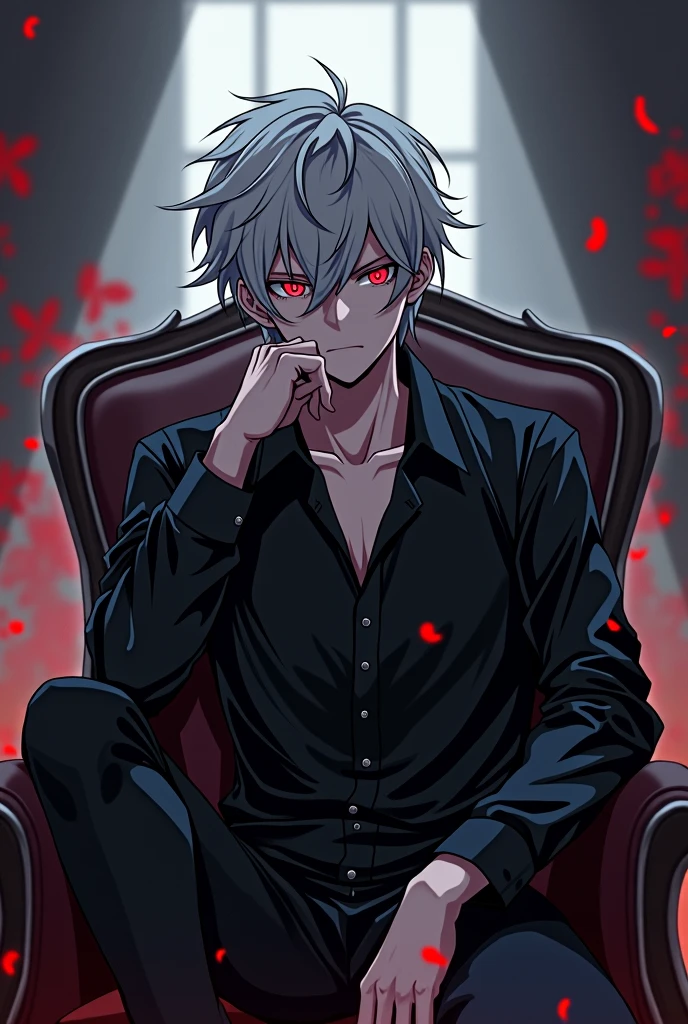 male anime character with white hair and red eyes sitting on a chair, best 4k konachan anime wallpaper, 坏蛋动漫8 K, nagito komaeda, Hajime Yatate, dos arknights, ufotable art style, zerochan art, dark yandere gapmoe, portrait dark yandere gapmoe, with bright red eyes