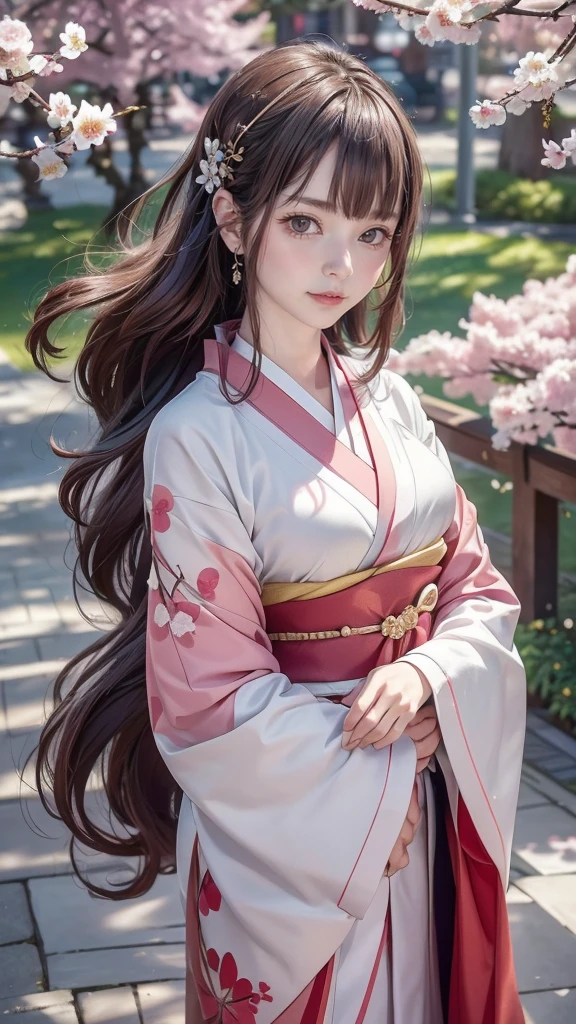 (kimono)、Japanese clothing、(highest quality,masterpiece:1.3,超A high resolution,),(Super detailed,caustics),(Photoreal:1.4,RAW shooting,)ultra-realistic capture,very detailed,High resolution 16K suitable for human skin、cute顔、16talent、baby face、 natural skin texture、anime style、Skin tone looks even and healthy、 Use natural light and color,one woman,Japanese,,cute,beautiful silky brown hair,middle hair,(Depth of written boundary、chromatic aberration、wide lighting range、natural shading、)、(hair swaying in the wind:1.3)、(Cherry tree in full bloom:1.3)、Yoshino cherry tree、The beautiful city of Kyoto