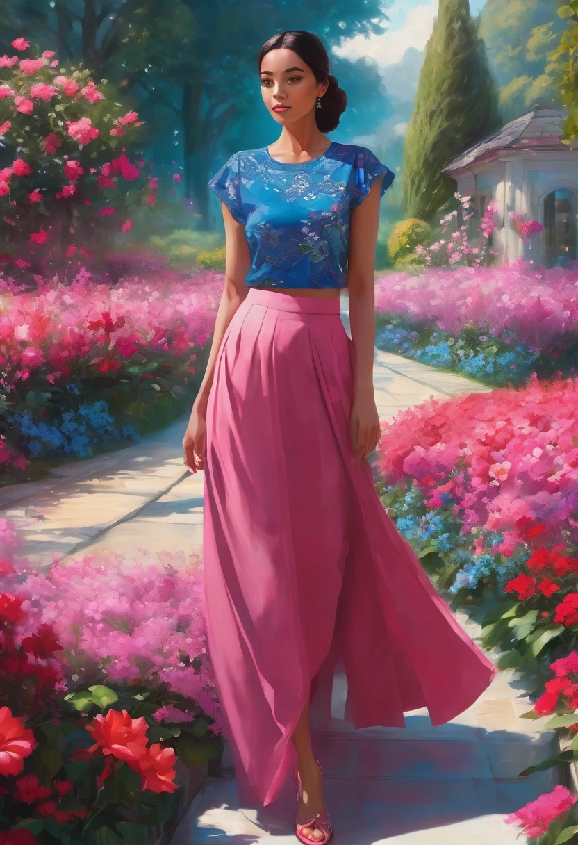 A captivating digital artwork featuring a woman gracefully standing amidst a vibrant pink flower garden. She dons a blue top adorned with intricate floral patterns, complemented by a bold red skirt that contrasts beautifully with the surrounding blooms. The garden, bathed io soft, dappled sunlight, exudes a serene and dreamy atmosphere.