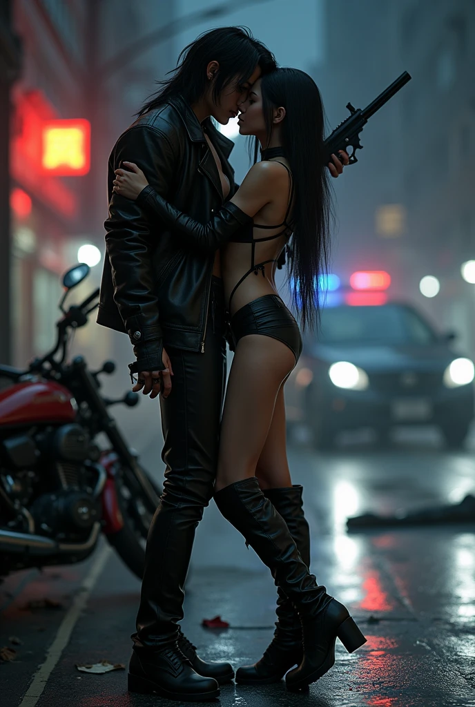 black hair, young skinny asia girl, full body, black leather jacket, black low rise leather pants, black leather overknee boots, black gloves, topless, pump gun in hand, kissing a boy, street by night, next to bike, dead man in background, police car in background