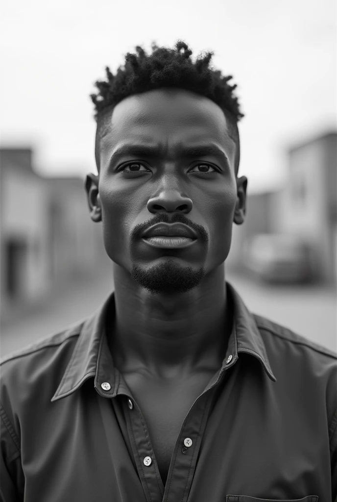 (photorealism:1.2), In this black-and-white image, a somali guy standing outdoors with a serious and focused expression. They have a short buzz cut, curly hairstyle and are wearing a button-up shirt with the collar slightly open. The person has a mustache, but their face is otherwise clean-shaven, which emphasizes their mustache. Their eyes are slightly squinted, likely due to the brightness of the day, and they appear to be gazing into the distance with a determined look. The background is blurred, featuring some buildings, which draws attention to the person's face and expression. The overall mood of the image is reflective and somewhat intense.