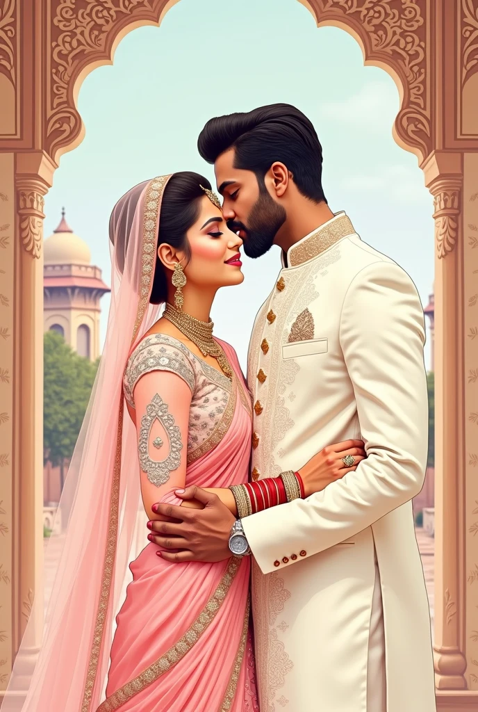 An illustration of couple embraces in a romantic pose, dressed in traditional attire. The woman wears a white and pink bridal outfit with intricate designs, complemented by a flowing dupatta heavy jewellry and jhoomer
. The man is in a classic white sherwani, exuding elegance. Their surroundings feature an ornate archway with detailed patterns, suggesting a cultural or festive setting. The overall atmosphere conveys love and celebration. Man kissing on women forehead. Both faces without feature drawing