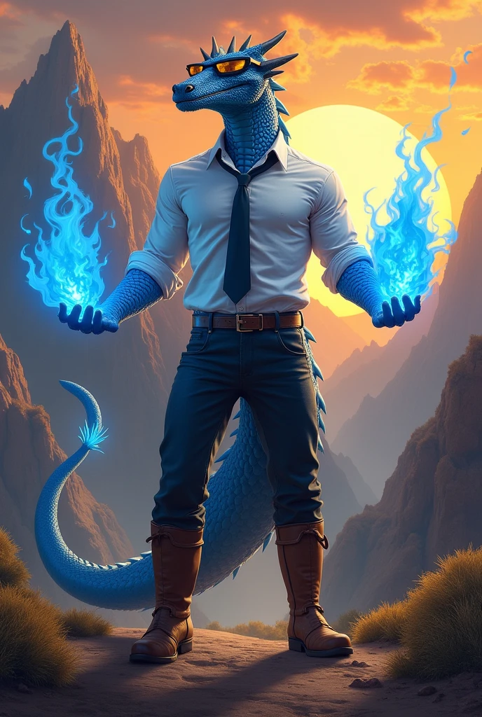 I would like a tall and muscular dragon man with blue scales, flaming yellow eyes, wearing sunglasses, a formal dress shirt with the sleeves rolled up, a tie, a tail,blue fire in his his firsts, pants, long boots. I would like a background of a sunset over mountains. I would like it to be in a mature style, with the art in a fantasy and RPG style set in the Old West.
