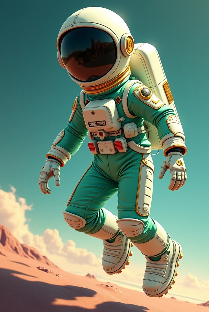 Animated astronaut in white, green and gold colors 