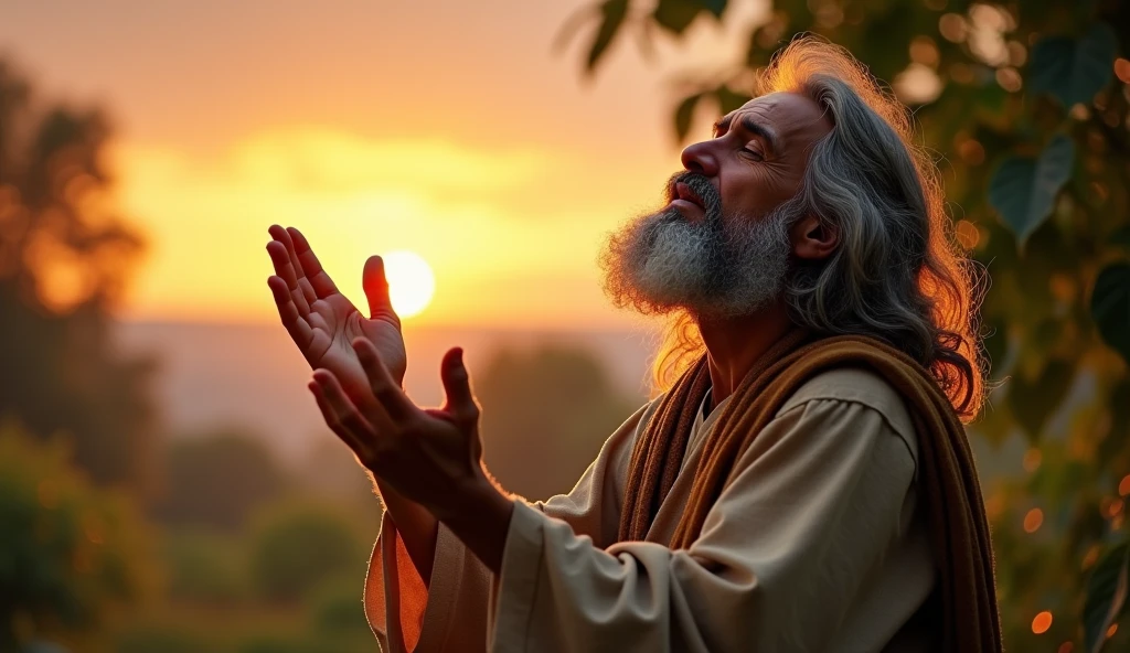 A reflective image of Abraham in a moment of prayer, with hands raised to heaven. The background is serene, with trees and a soft sunset. Colors are warm, with oranges and golds, conveying a feeling of peace and connection with God.