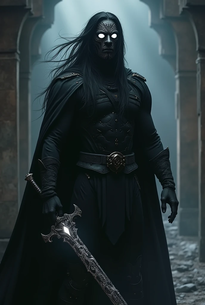 A 20 year old angry European warrior male with long black hair and no beard, luminous white eyes, and a scary black all face with luminous veins, wearing a full black outfit, holding a magical fragmented sword, standing in a dark place and looking to the left