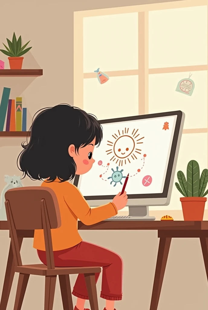 Girl on computer , simple drawing 