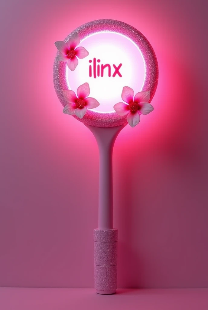 A pink kpop lightstick with glitter with a handle to hold it and similar to Twice and Kiof and with the word Ilinx inside and with flowers and a round shape on top and a handle to hold it with lots of details and some with the initials HMBB