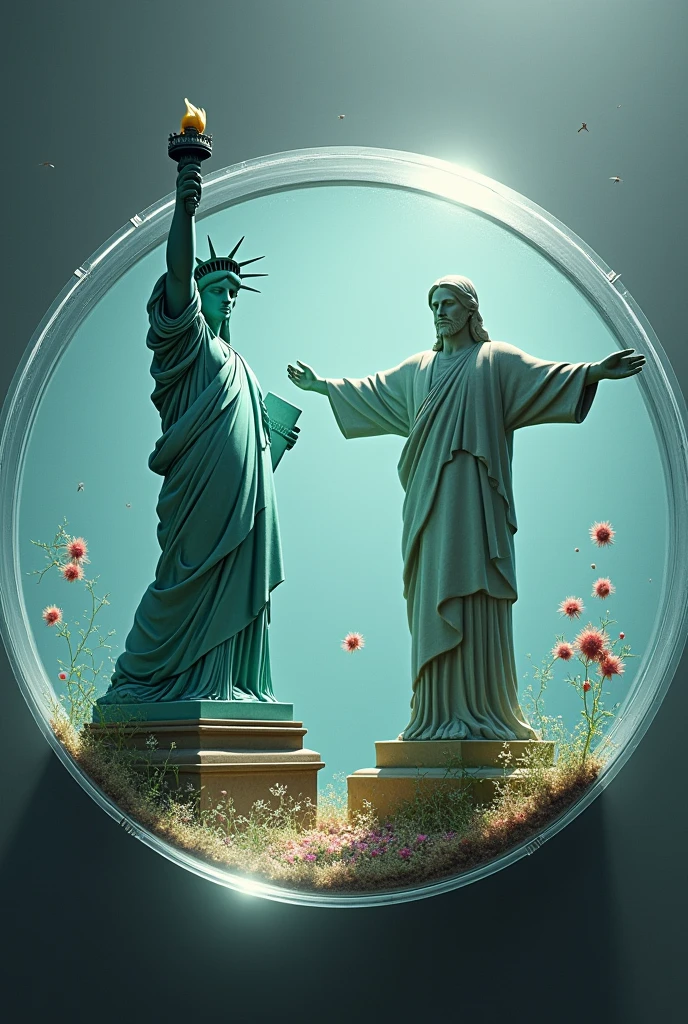 Statue of liberty fighting Christ the redeemer inside a petri dish