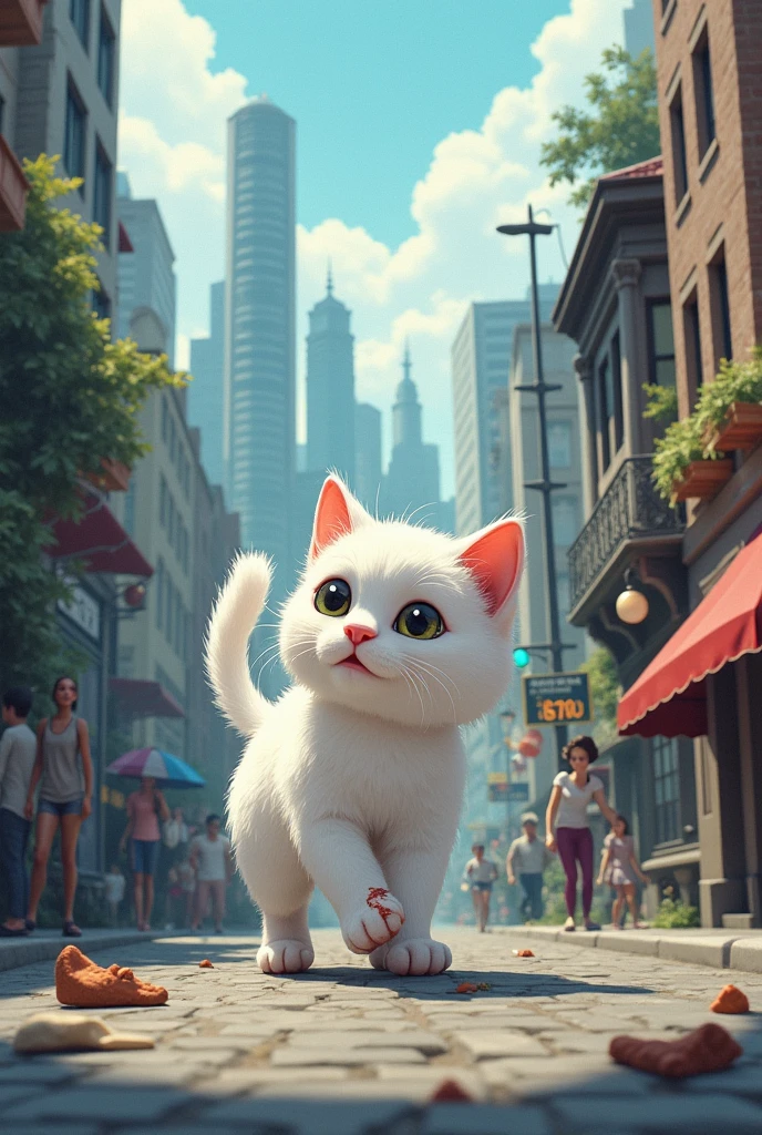A white cat finding a house in the city with an injured paw