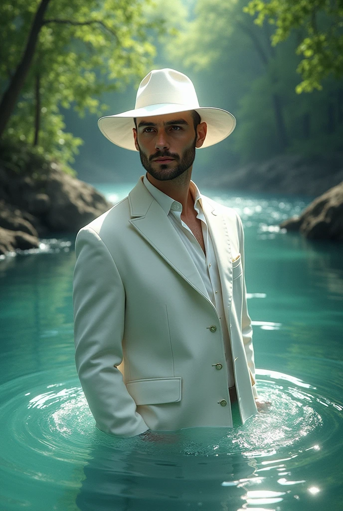 Scenario:  um naughty man indigena , dressed elegantly in white, with hat and deep look, inside the water there is a river with trees on the side Illustration: naughty man, with eyes that reflect the depths of the river.
