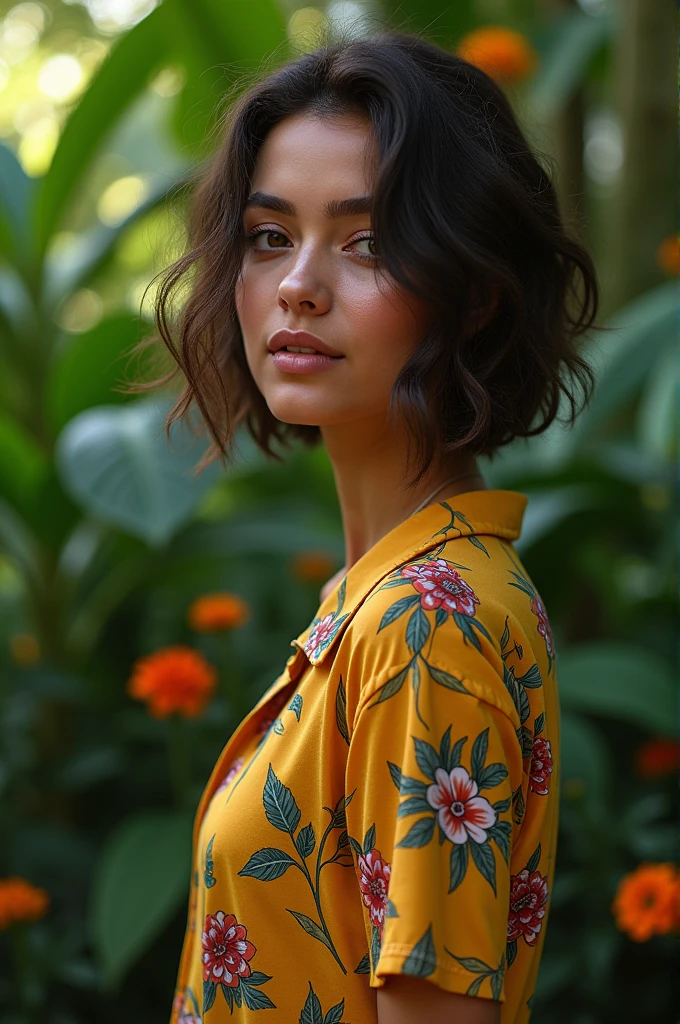 A Brazilian woman in a lush tropical garden, wearing an open shirt with a floral print, with a close-up capturing the harmonious beauty between her breasts and the natural flowers, showing off your natural charm and outgoing personality.
