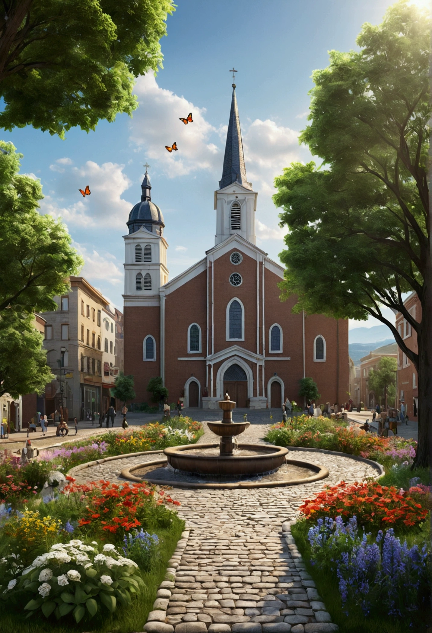 Create a very realistic landscape. A peaceful city in the distance. In front of the church there is a bean-shaped fountain. The streets are cobblestone. Around there are trees and distant mountains. Everything is seen from afar and blurred. There is a cobblestone path leading to the city. There are weeds and wildflowers around. And butterflies flutter around. Everything is realistic and detailed.