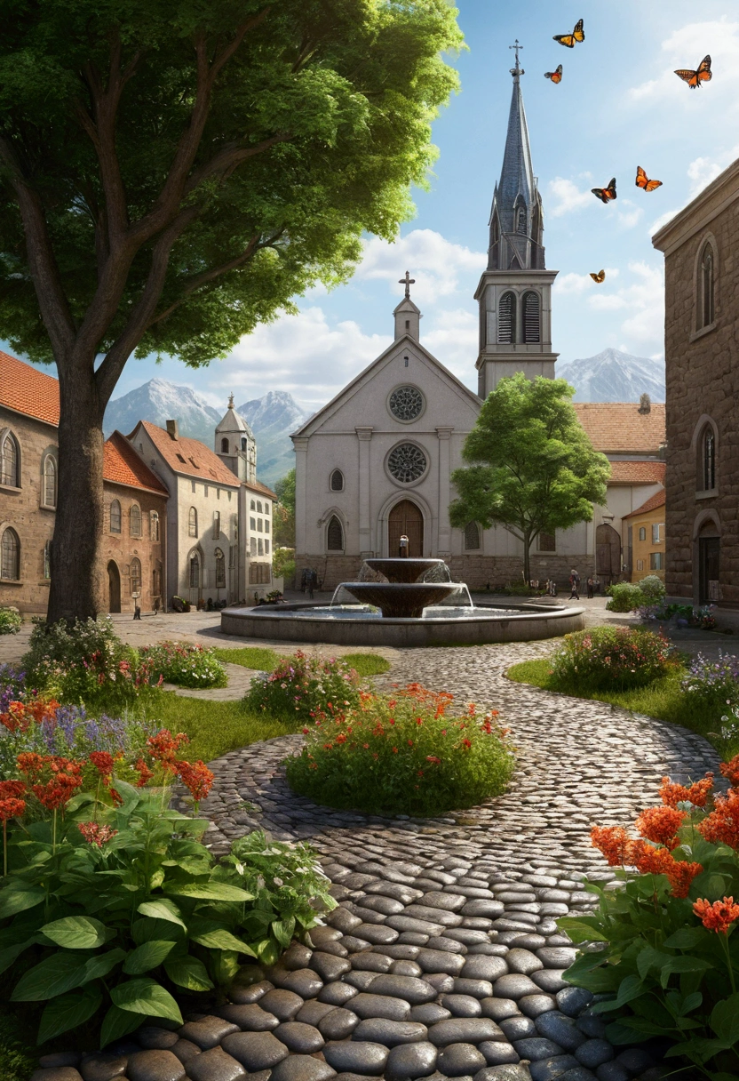 Create a very realistic landscape. A peaceful city in the distance. In front of the church there is a bean-shaped fountain. The streets are cobblestone. Around there are trees and distant mountains. Everything is seen from afar and blurred. There is a cobblestone path leading to the city. There are weeds and wildflowers around. And butterflies flutter around. Everything is realistic and detailed.
