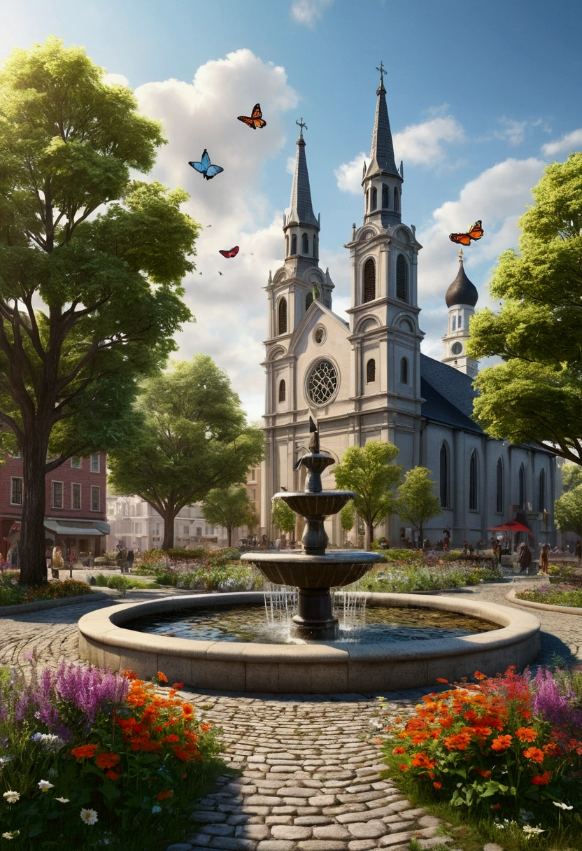 Create a very realistic landscape. A peaceful city in the distance. In front of the church there is a bean-shaped fountain. The streets are cobblestone. Around there are trees and distant mountains. Everything is seen from afar and blurred. There is a cobblestone path leading to the city. There are weeds and wildflowers around. And butterflies flutter around. Everything is realistic and detailed.
