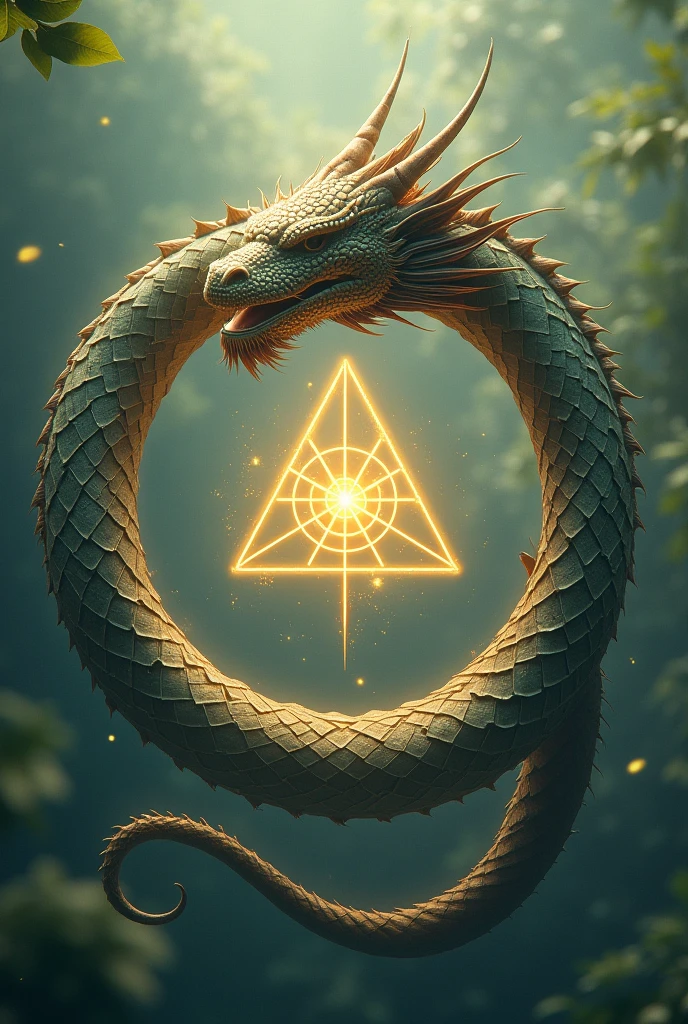 Ouroboros Principal:
A realistic ouroboros depicted as a dragon biting its own tail, forming yin-yang The dragon's body must be detailed, with scales and textures that look realistic, but with subtle geometric patterns reminiscent of electronic circuits. This symbolizes the fusion between the ancient and the modern., and the connection between mind and technology. In the center of the dragon's head, place the yin-yang symbol in the dragon's mouth or forehead, highlighting balance and duality.
natural background:
The background should be subtle and evoke nature., with soft shades of green and blue that are reminiscent of a forest or a natural environment. Light textures should suggest leaves or organic elements, creating a sense of calm and connection with nature. Small golden particles should float around, suggesting energy in movement and transformation.
indoors light:
A soft golden aura should radiate from the ouroboros, como se estivesse emitindo uma luz de dentro till fora. This lighting should create a soft contrast with the natural background., highlighting the ouroboros in a balanced and harmonious way.
Secondary Element - Philosopher's Stone:
In the center of the circle formed by the ouroboros, insert a small symbol representing the philosopher's stone. This symbol should be a golden triangle, simple and elegant, which symbolizes perfection and maximum transformation of the mind.
minimal style:
The overall design should be minimalistic, com poucos elementos adicionais till garantir clareza e reconhecimento, mesmo em tamanhos menores, as profile icons on digital platforms.
Name Integration (optional):
if necessary, the initials of the channel name ("sam" till "Alchemy of the Mind") can be added to the base of the image in a stylish and modern font, com cor dourada ou branca till harmonizar com o brilho do ouroboros.