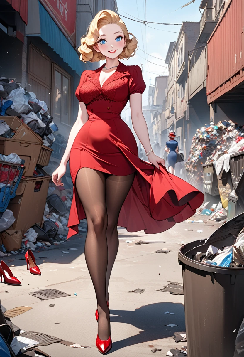 Nsfw,masterpiece,full body, small size head, Stunning elegant Blonde lady, 1940s hairstyle,pale skin, blue eyes, stunning, smile face, Brown pantyhose, she wear lace red dress, red stilettos , jewels,thick calves, super thick legs , super big ass. She is walking through a Lot of garbage