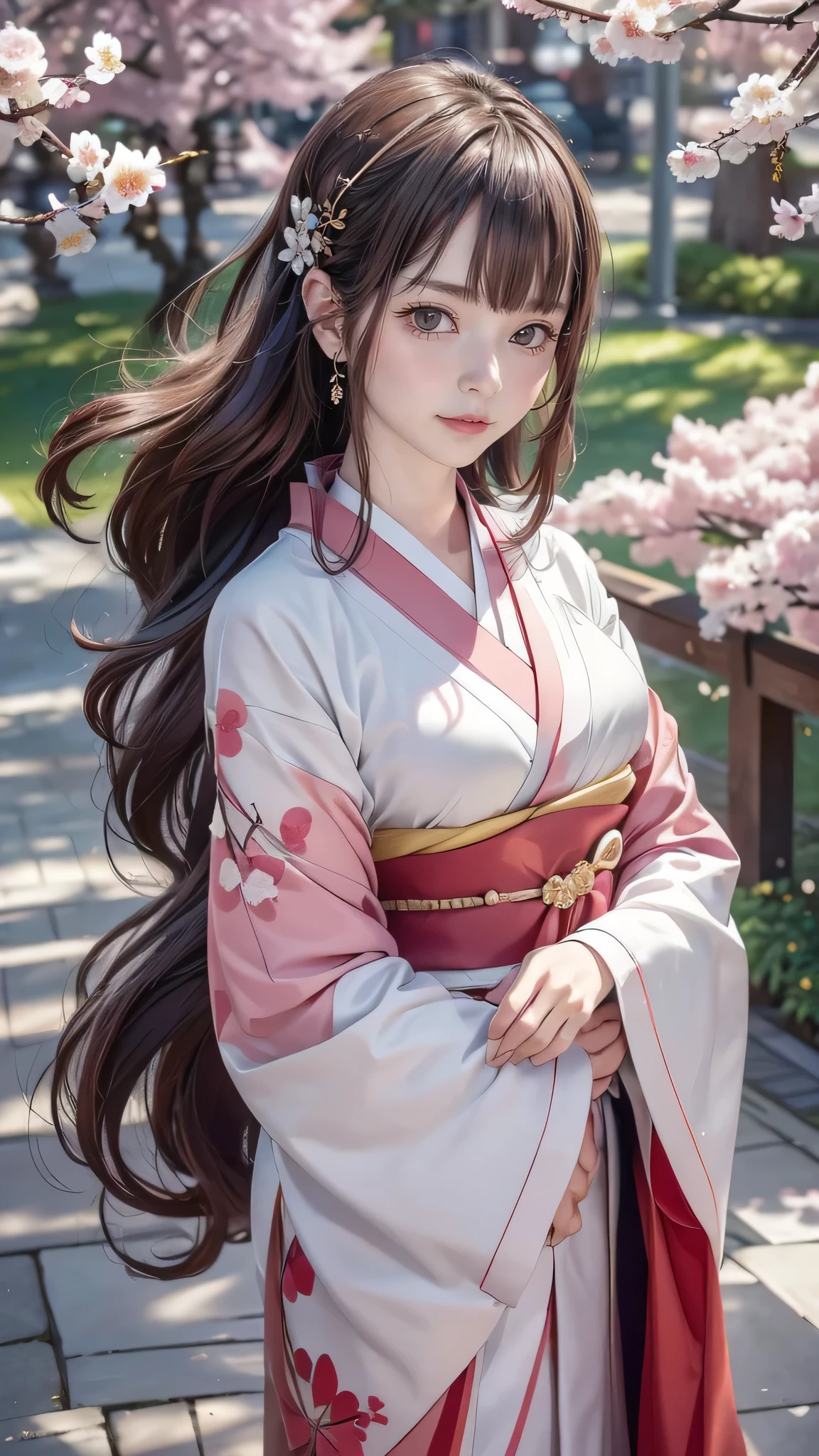 (kimono)、Japanese clothing、(highest quality,masterpiece:1.3,超A high resolution,),(Super detailed,caustics),(Photoreal:1.4,RAW shooting,)ultra-realistic capture,very detailed,High resolution 16K suitable for human skin、cute顔、16talent、baby face、 natural skin texture、anime style、Skin tone looks even and healthy、 Use natural light and color,one woman,Japanese,,cute,beautiful silky brown hair,middle hair,(Depth of written boundary、chromatic aberration、wide lighting range、natural shading、)、(hair swaying in the wind:1.3)、(Cherry tree in full bloom:1.3)、Yoshino cherry tree、The beautiful city of Kyoto