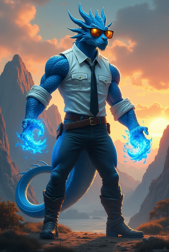 I would like a tall and muscular dragon man with blue scales, flaming yellow eyes, wearing sunglasses, a formal dress shirt with the sleeves rolled up, a tie, a tail,blue fire in his his firsts, pants, long boots. I would like a background of a sunset over mountains. I would like it to be in a mature style, with the art in a fantasy and RPG style set in the Old West.