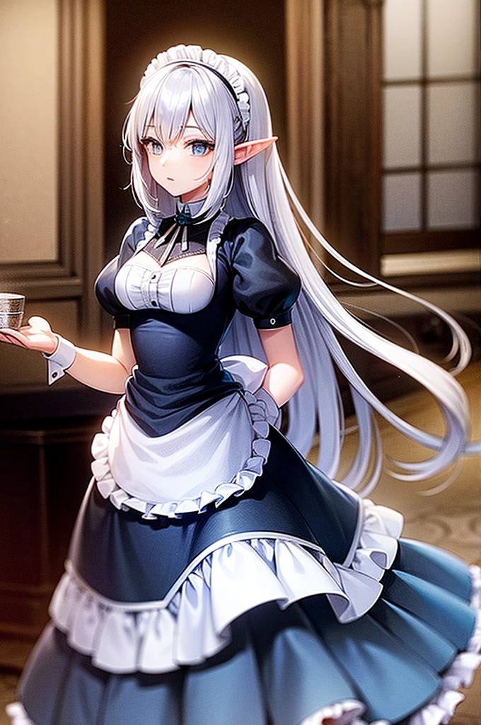 a very beautiful anime elf woman with a height of around 166 centimeters with blue eyes and long silver hair down to her hips. She usually wears a waitress cloth with a big apron and long skirt If a person with modern knowledge was nearby, they would have guessed it was close to the maid clothing type called Victorian Maid.