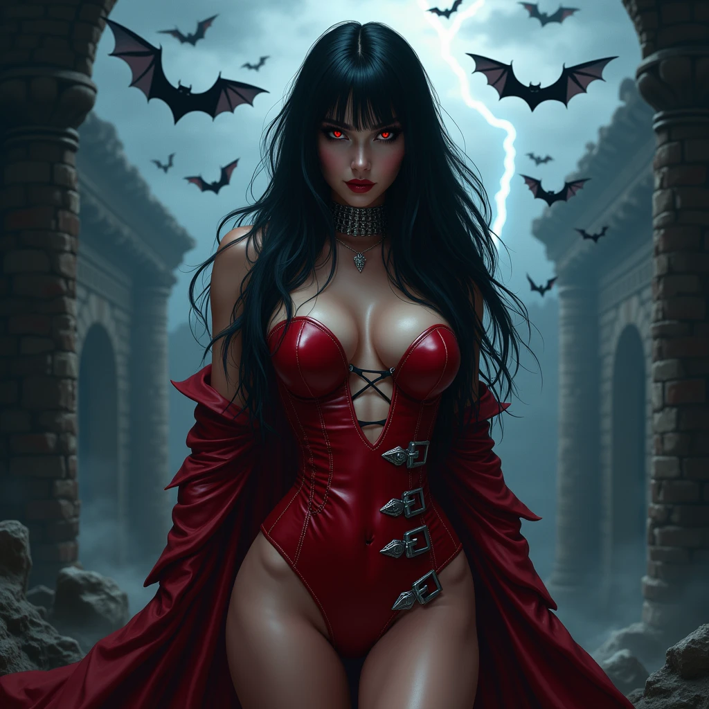 masterpiece,Best quality,a high resolution,Realistic full-length portrait of the captivating and ferocious Vampirella., legendary vampire. She stands tall, wrapped in thick cloth, Sexy Red Leather Cutout Bodysuit, that hugs her every curve, decorated with gothic accents and silver buckles. Its long, flowing black hair cascades down her back, while her scarlet eyes sparkle with deadly determination. In the background is a stormy night sky with flashes of lightning, illuminating the dark ruins of the ancient castle.. Bats are circling around her, emphasizing the creepiness, Supernatural atmosphere.Very hot and sexy, потрясающая beauty, perfect proportions, beautiful body, slender body, beauty:1.4